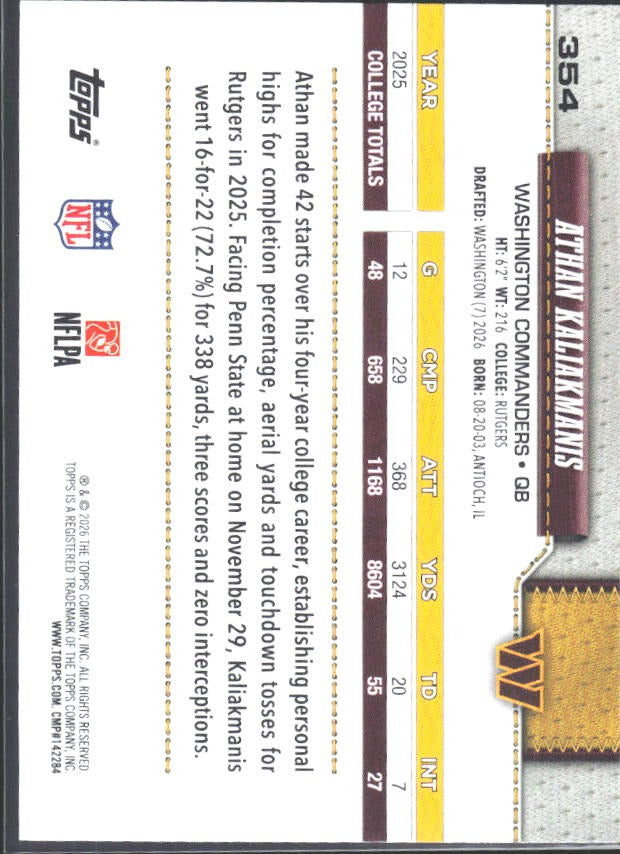 2026 Topps Flagship Football Athan Kaliakmanis RC #354 – baksida