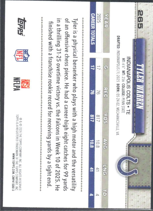 2026 Topps Flagship Football Tyler Warren Future Stars #265 – baksida