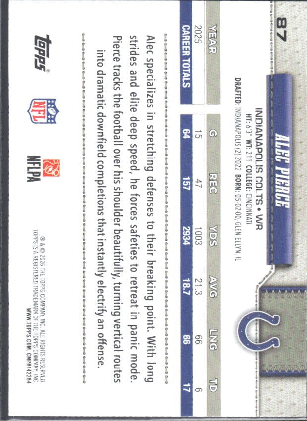 2026 Topps Flagship Football Alec Pierce #87 – baksida