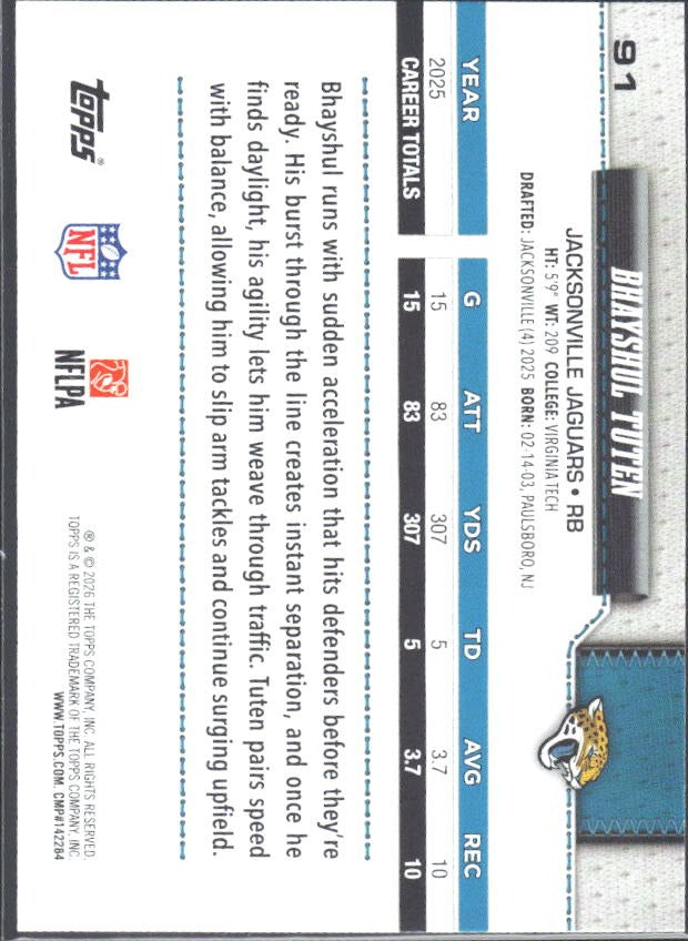 2026 Topps Flagship Football Bhayshul Tuten #91 – baksida