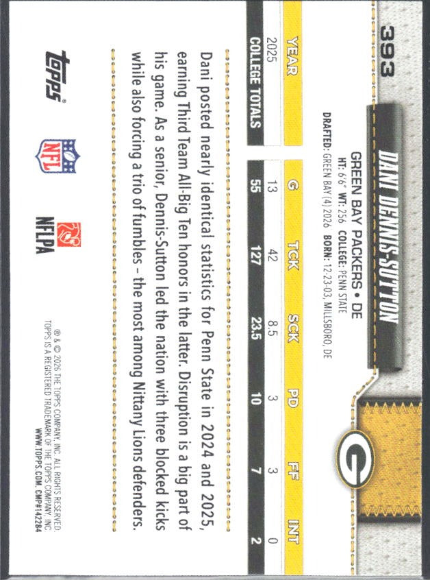 2026 Topps Flagship Football Dani Dennis-Sutton RC #393 – baksida