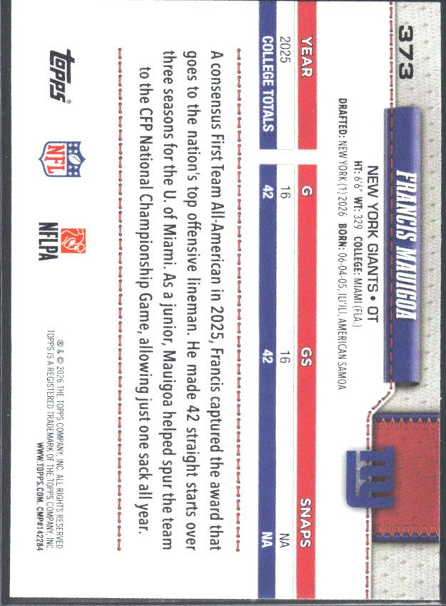 2026 Topps Flagship Football Francis Mauigoa RC #373 – baksida