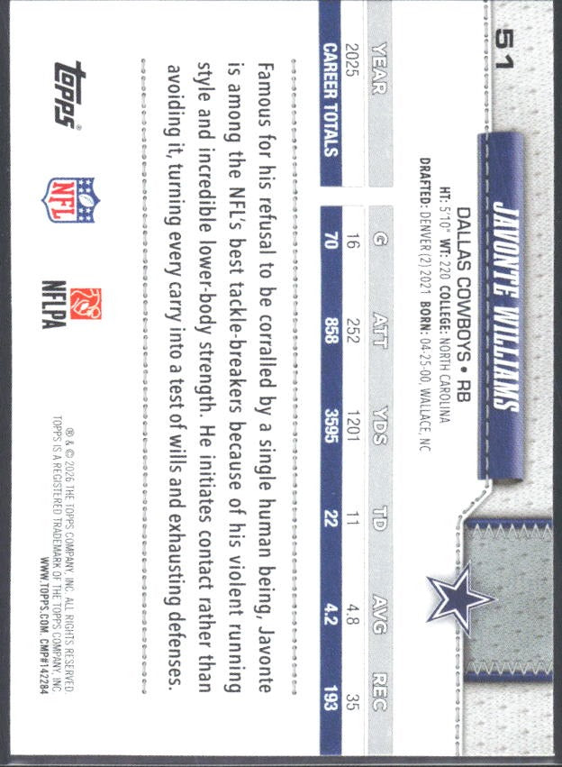 2026 Topps Flagship Football Javonte Williams #51 – baksida