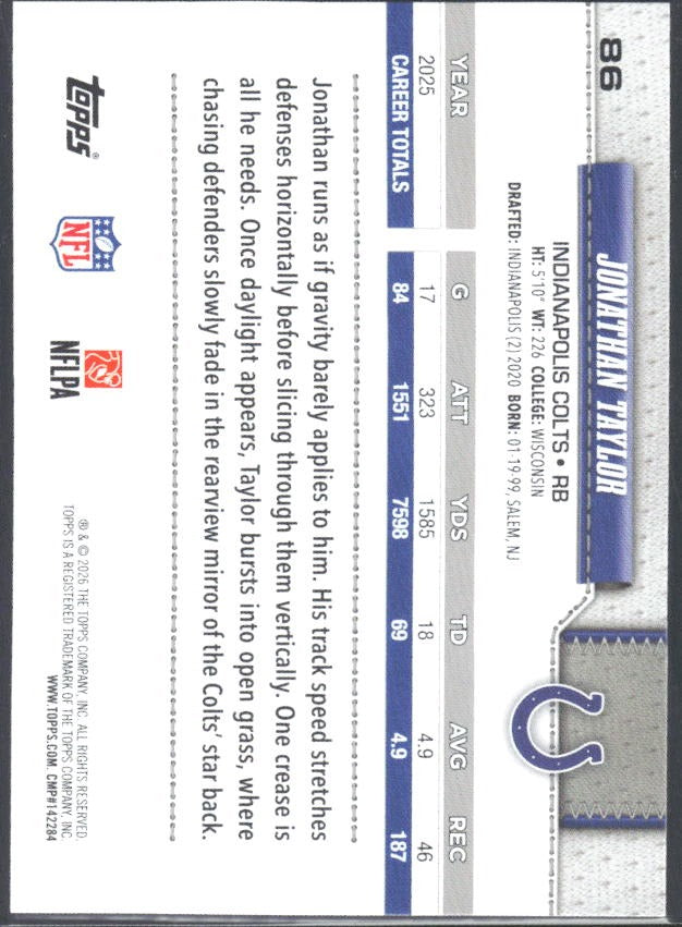2026 Topps Flagship Football Jonathan Taylor #86 – baksida