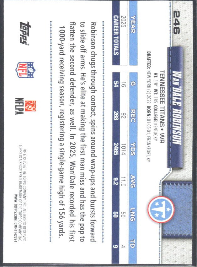 2026 Topps Flagship Football Wan'Dale Robinson #246 – baksida