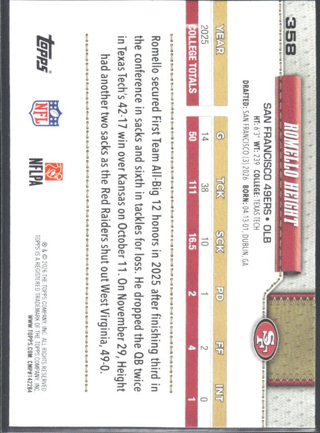 2026 Topps Flagship Football Romello Height RC #358 – baksida