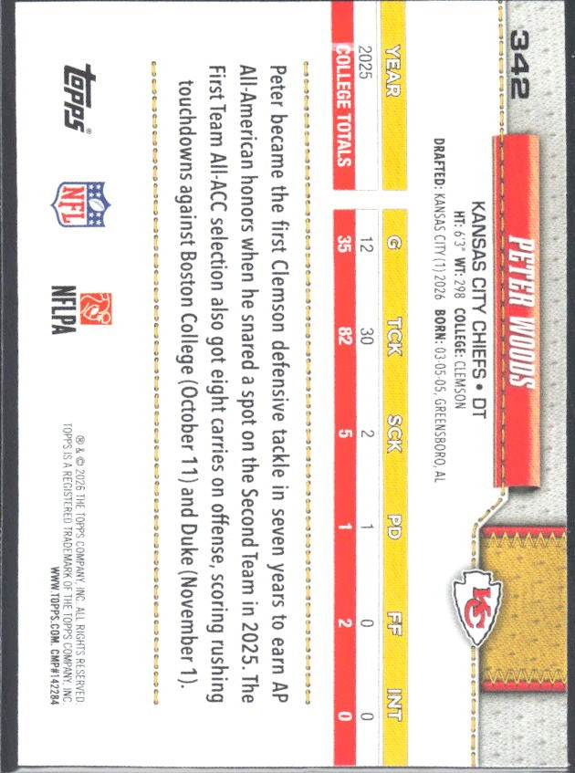 2026 Topps Flagship Football Peter Woods RC #342 – baksida