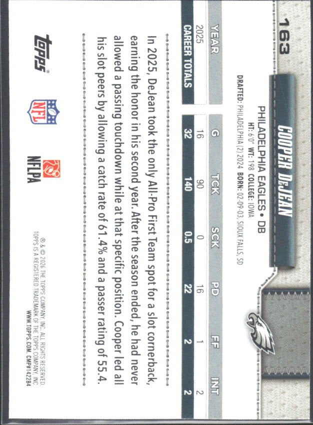 2026 Topps Flagship Football Cooper DeJean #163 – baksida