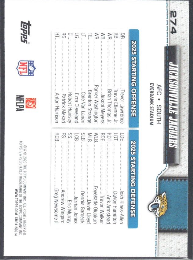 2026 Topps Flagship Football Jacksonville Jaguars #274 – baksida