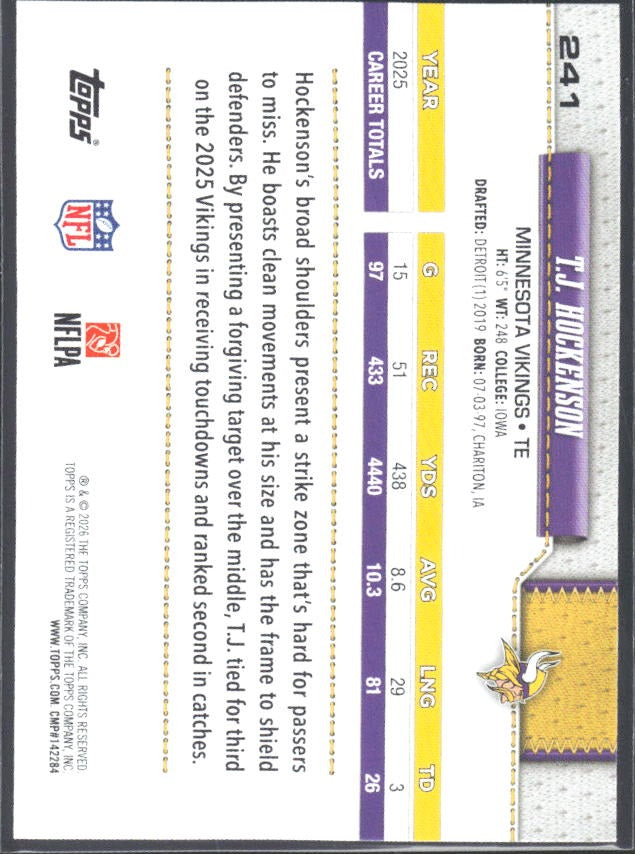2026 Topps Flagship Football T.J. Hockenson #241 – baksida