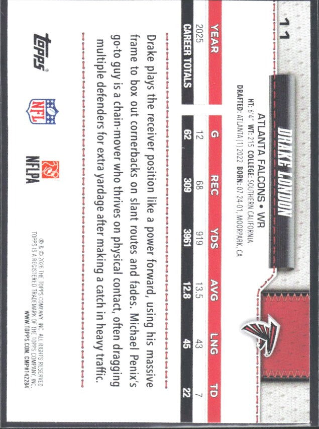 2026 Topps Flagship Football Drake London #11 – baksida
