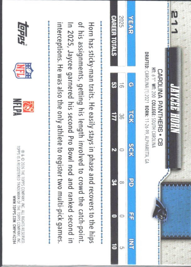 2026 Topps Flagship Football Jaycee Horn #211 – baksida