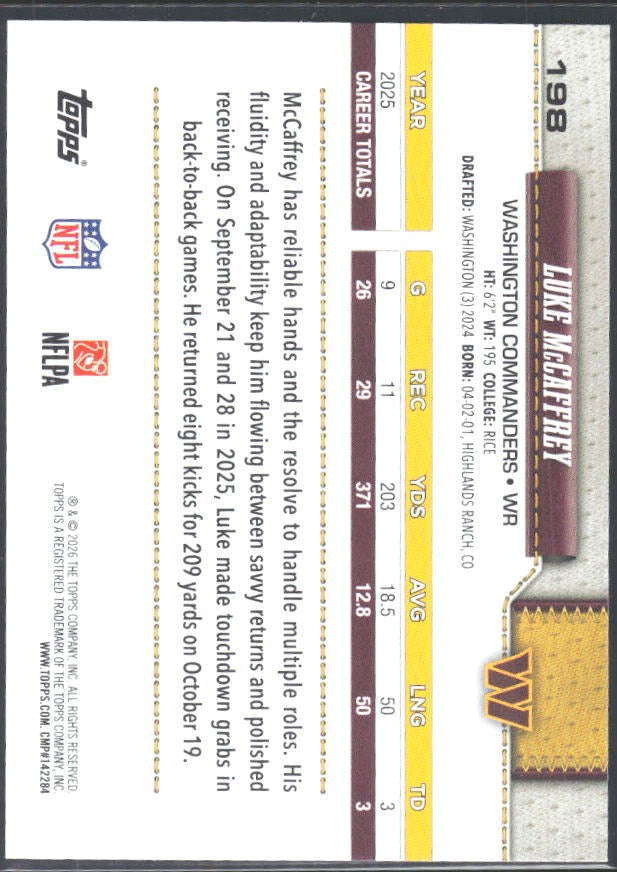 2026 Topps Flagship Football Luke McCaffrey #198 – baksida