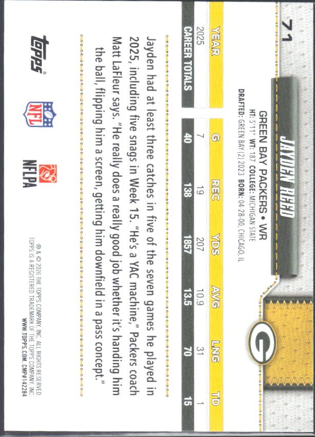 2026 Topps Flagship Football Jayden Reed #71 – baksida