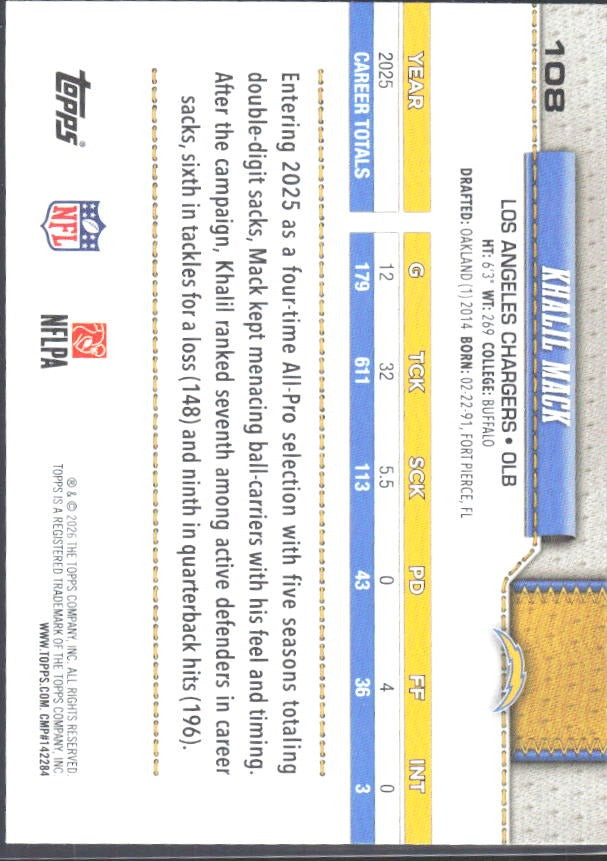 2026 Topps Flagship Football Khalil Mack #108 – baksida