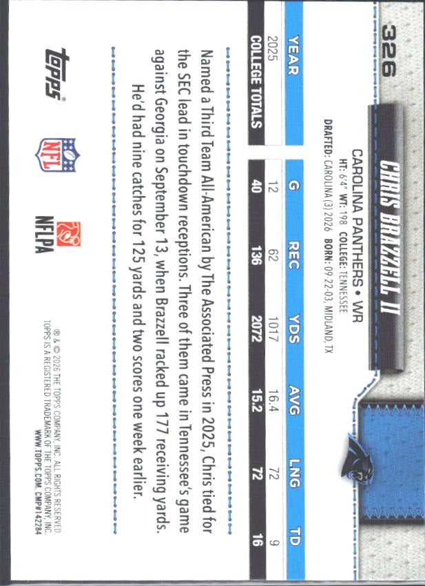 2026 Topps Flagship Football Chris Brazzell II RC #326 – baksida
