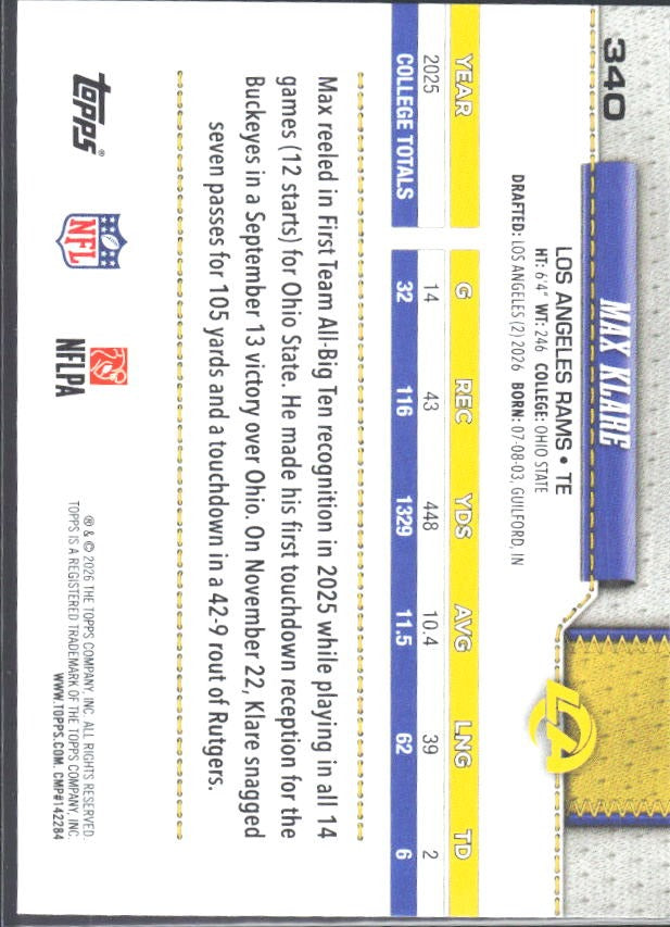 2026 Topps Flagship Football Max Klare RC #340 – baksida
