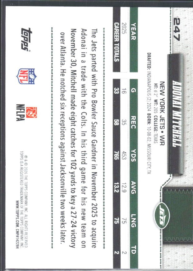2026 Topps Flagship Football Adonai Mitchell #247 – baksida