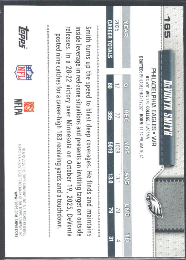 2026 Topps Flagship Football DeVonta Smith #165 – baksida
