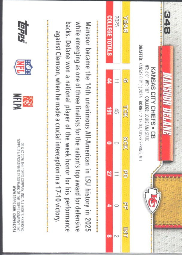 2026 Topps Flagship Football Mansoor Delane RC #348 – baksida