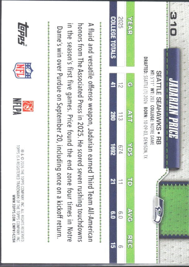 2026 Topps Flagship Football Jadarian Price RC #310 – baksida