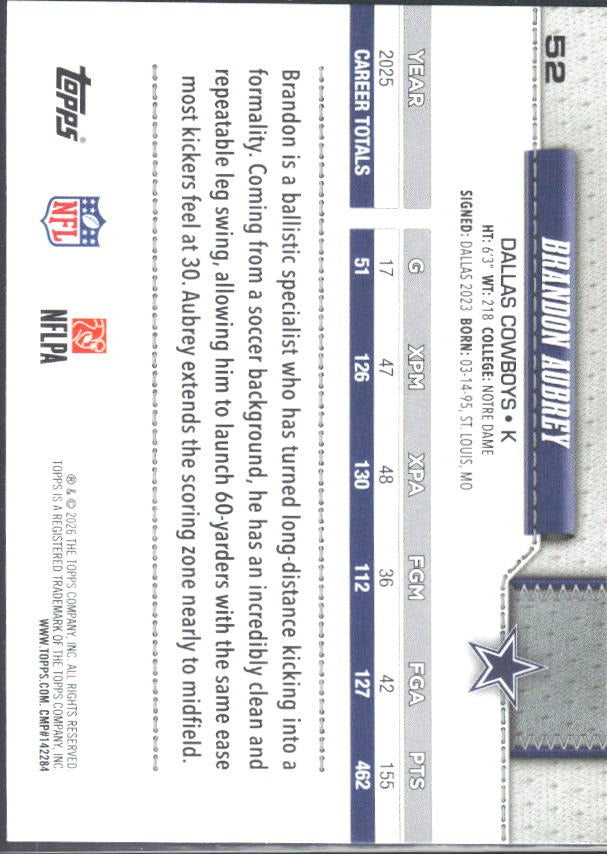 2026 Topps Flagship Football Brandon Aubrey #52 – baksida