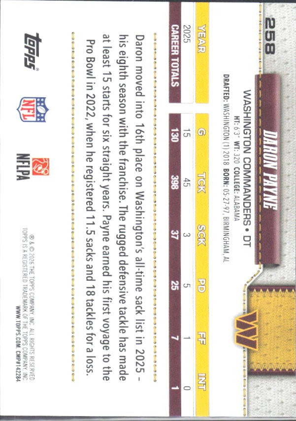 2026 Topps Flagship Football Daron Payne #258 – baksida