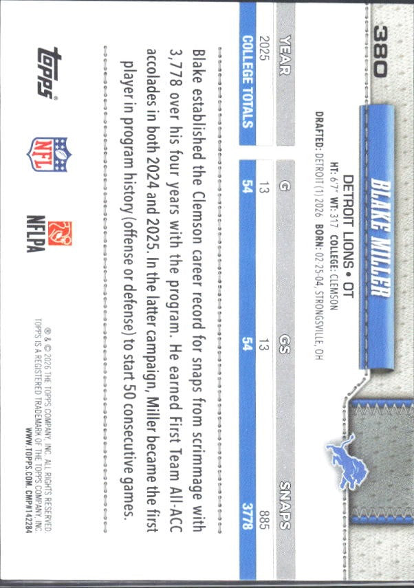 2026 Topps Flagship Football Blake Miller RC #380 – baksida