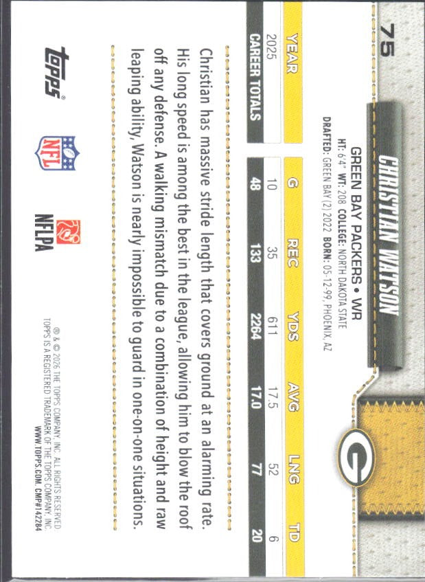 2026 Topps Flagship Football Christian Watson #75 – baksida