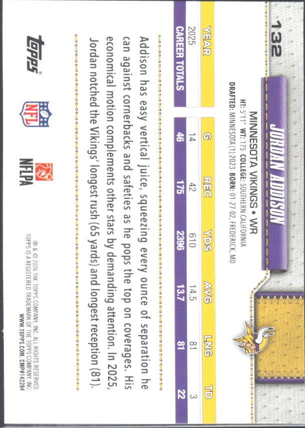 2026 Topps Flagship Football Jordan Addison #132 – baksida