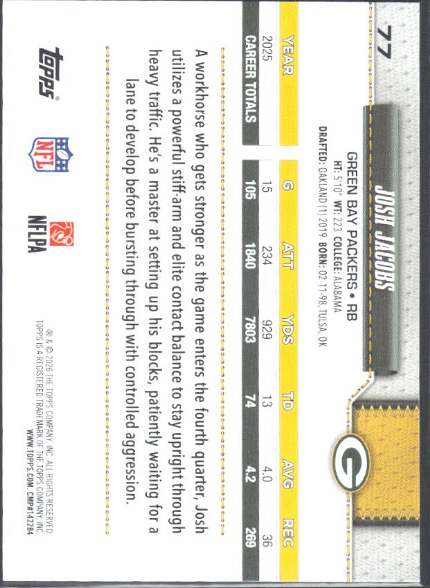 2026 Topps Flagship Football Josh Jacobs #77 – baksida