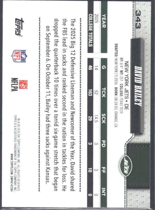 2026 Topps Flagship Football David Bailey RC #343 – baksida