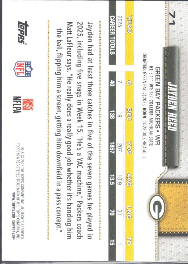 2026 Topps Flagship Football Jayden Reed #71 – baksida