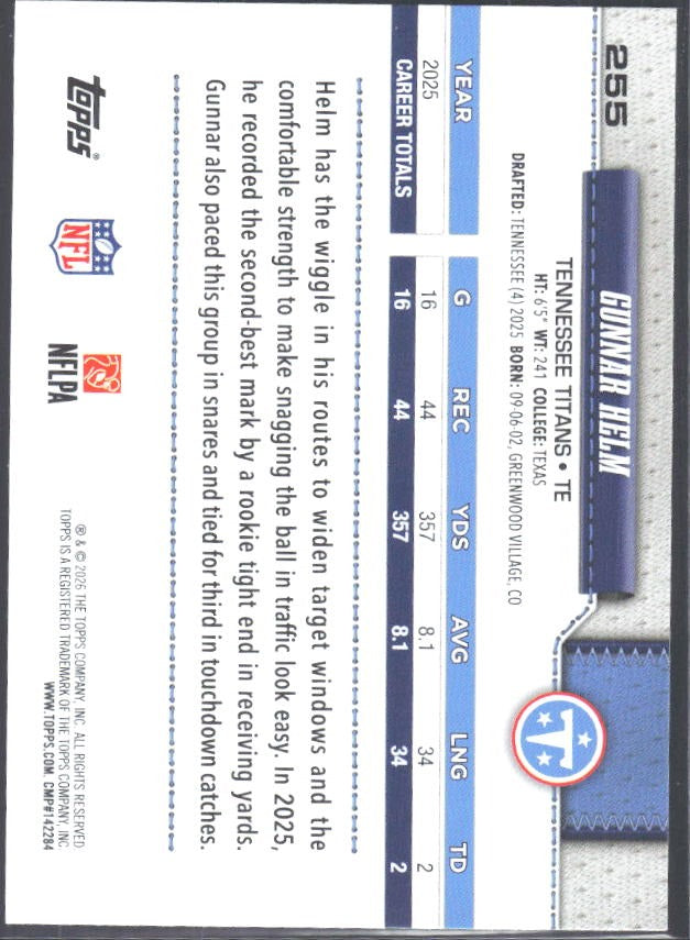 2026 Topps Flagship Football Gunnar Helm #255 – baksida