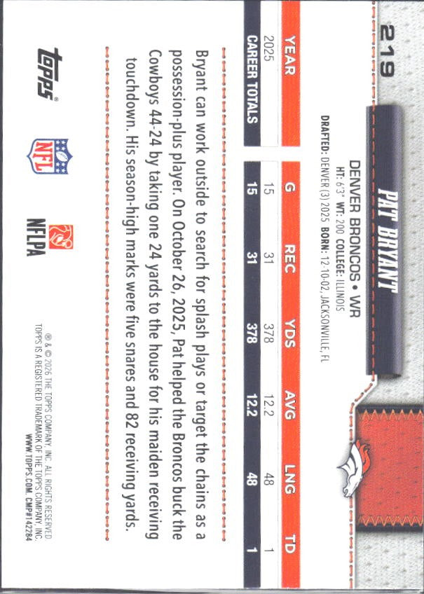 2026 Topps Flagship Football Pat Bryant #219 – baksida