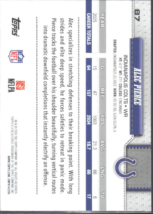 2026 Topps Flagship Football Alec Pierce #87 – baksida