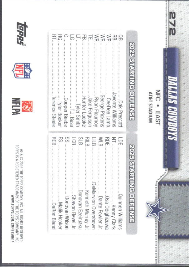 2026 Topps Flagship Football Dallas Cowboys #272 – baksida