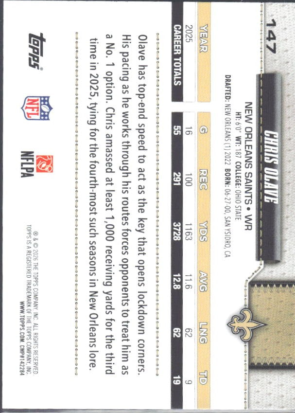 2026 Topps Flagship Football Chris Olave #147 – baksida