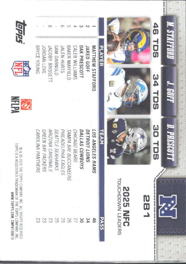 2026 Topps Flagship Football NFC Passing Leaders (Matthew Stafford / Dak Prescott / Jared Goff) #281 – baksida