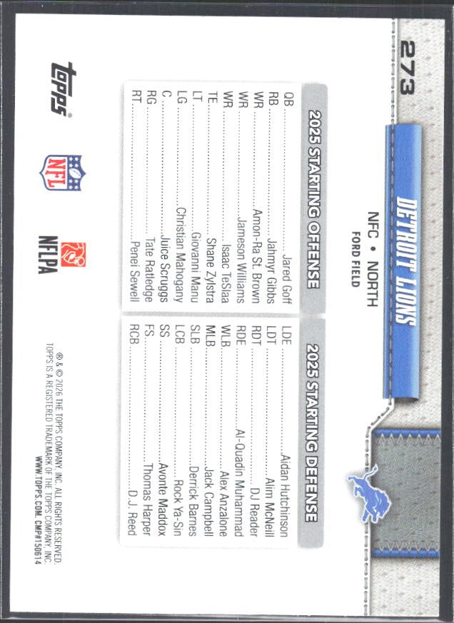 2026 Topps Flagship Football Detroit Lions #273 – baksida