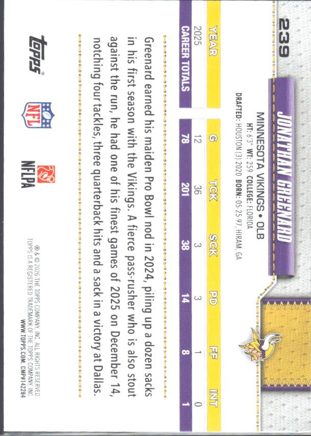 2026 Topps Flagship Football Jonathan Greenard #239 – baksida