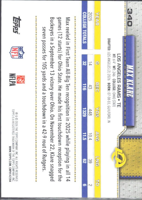 2026 Topps Flagship Football Max Klare RC #340 – baksida