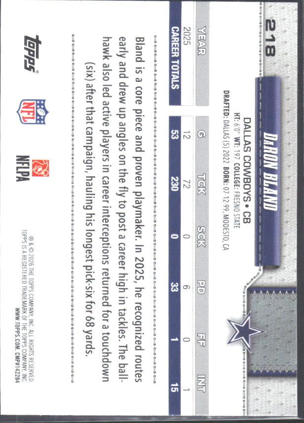 2026 Topps Flagship Football DaRon Bland #218 – baksida