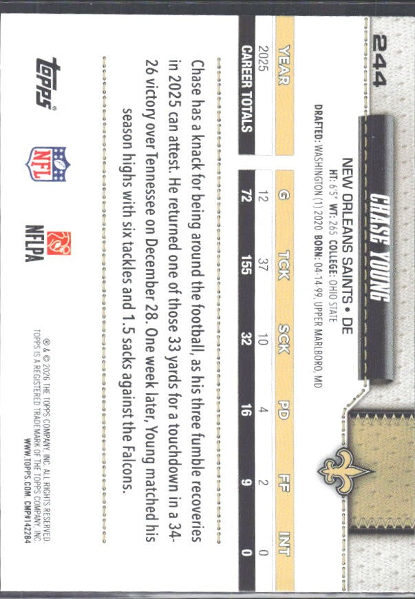 2026 Topps Flagship Football Chase Young #244 – baksida