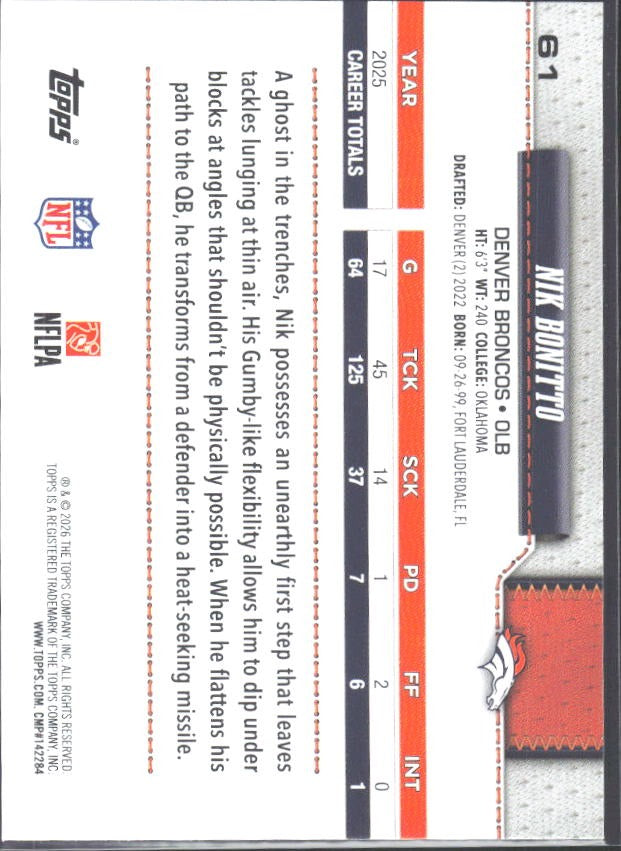 2026 Topps Flagship Football Nik Bonitto #61 – baksida