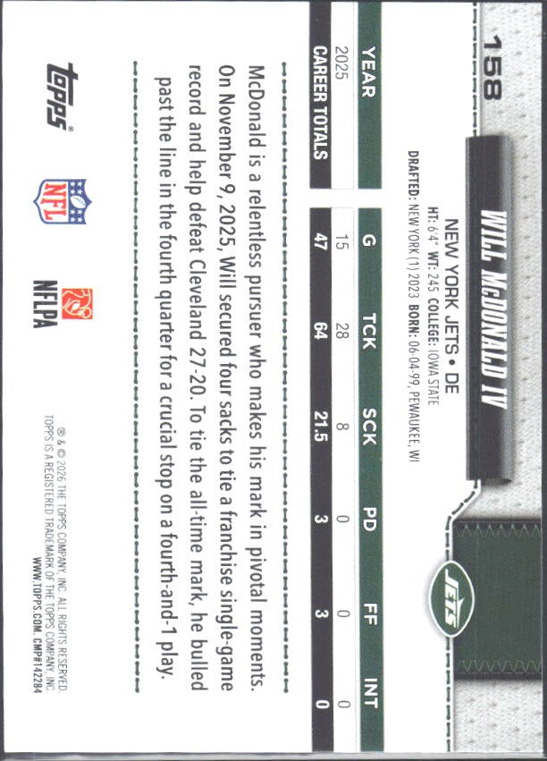 2026 Topps Flagship Football Will McDonald IV #158 – baksida