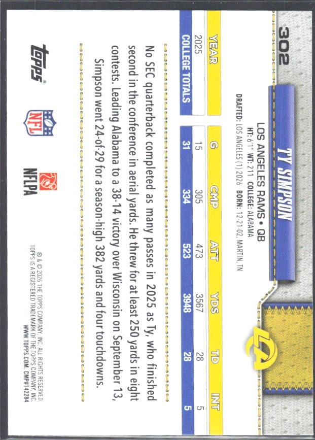 2026 Topps Flagship Football Ty Simpson RC #302 – baksida