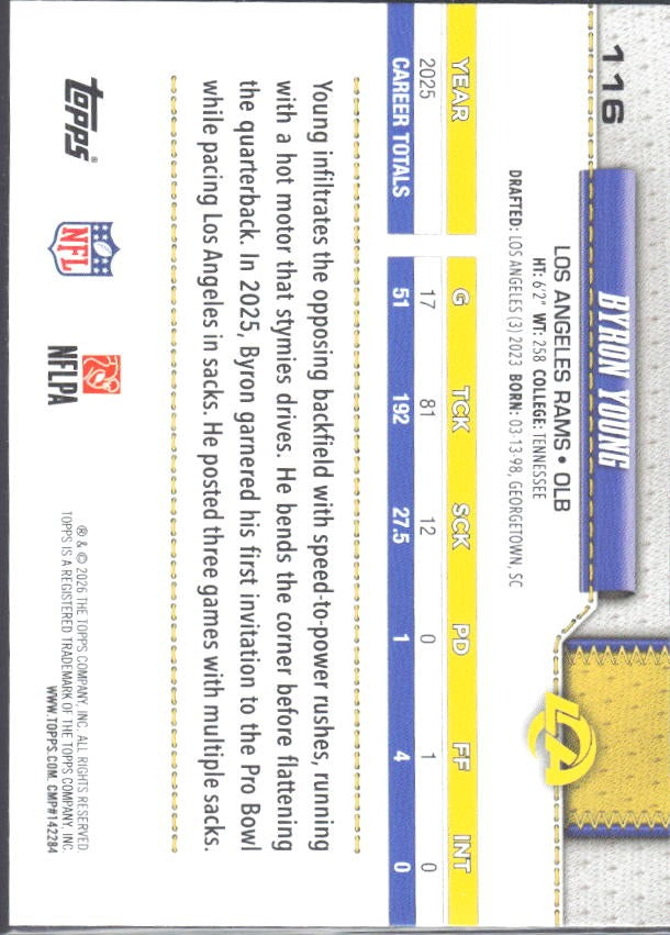 2026 Topps Flagship Football Byron Young #116 – baksida