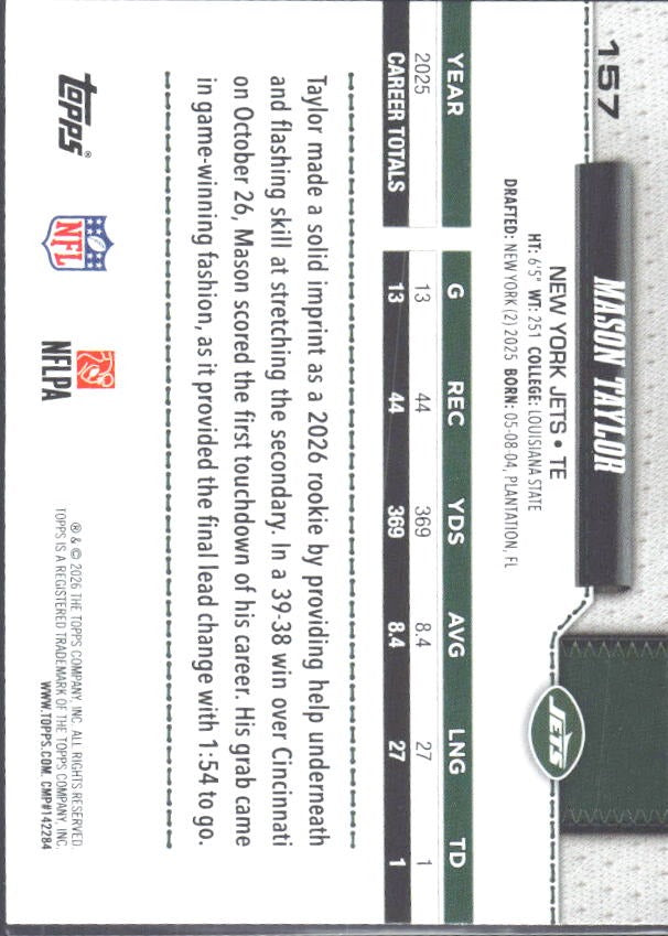 2026 Topps Flagship Football Mason Taylor #157 – baksida