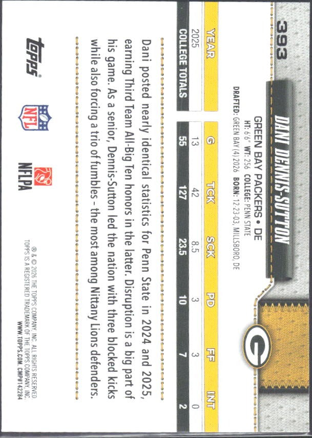 2026 Topps Flagship Football Dani Dennis-Sutton RC #393 – baksida
